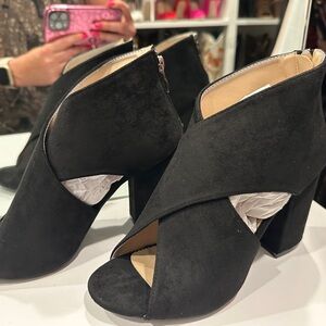 Open toed strap heeled booties